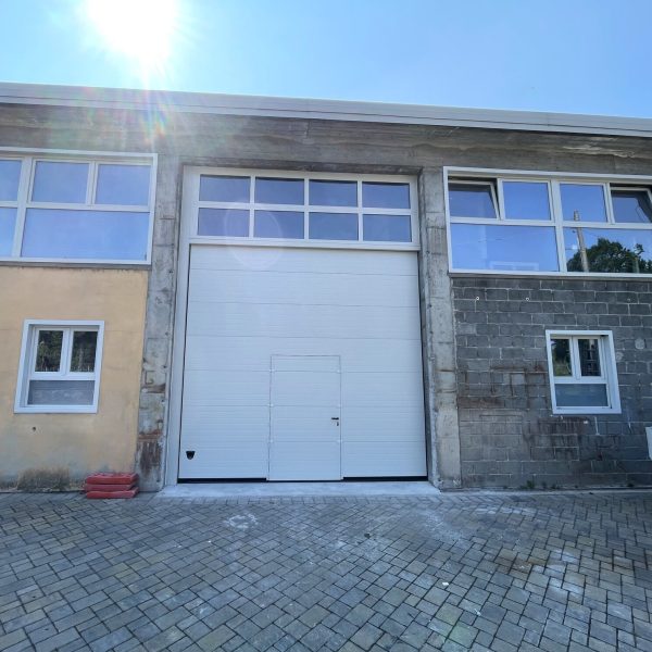 Porta sezionale industriale, con pedonale e sezioni finestrate