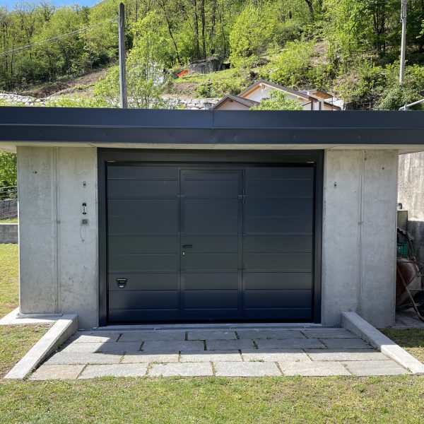 Porta sezionale modello Urbino, RAL 7016 con porta pedonale, motorizzata